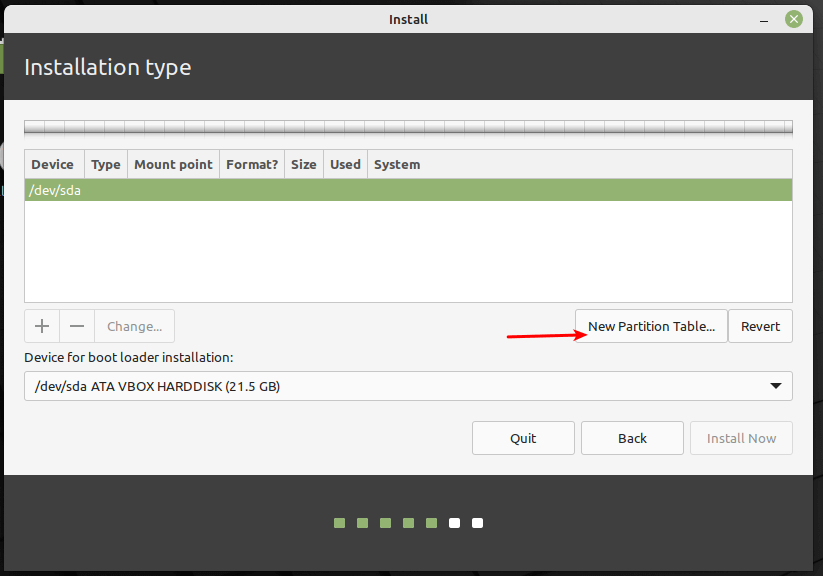 Choose New Partition Table