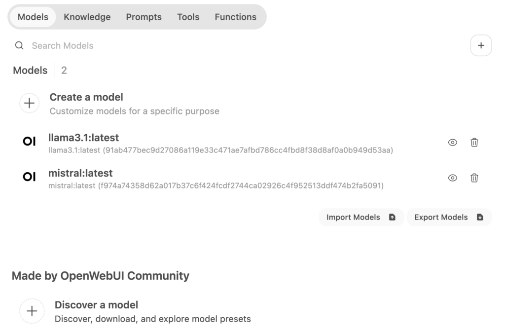 The Models tab in Open WebUI's workspace area