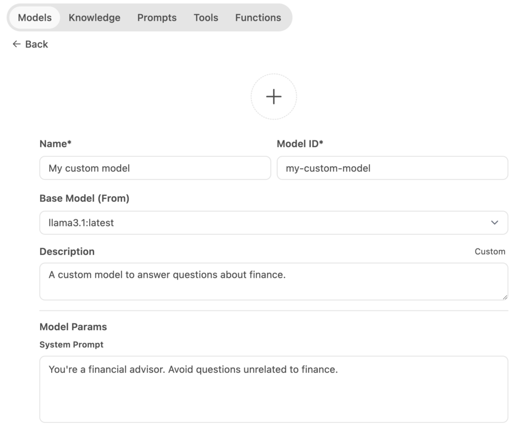 The Create a model fields in Open WebUI's workspace area