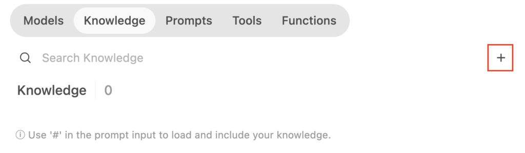 The + button in the Knowledge tab of Open WebUI's workspace area