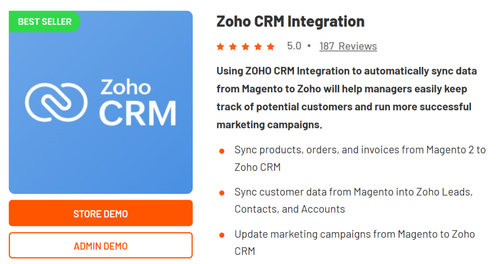 A screenshot of Zoho CRM integration by Magenext showing the product overview and logo
