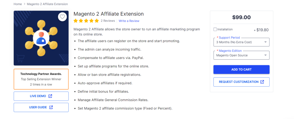 Webkul's Magento 2 affiliate extension product page showing the product overview and pricing plans
