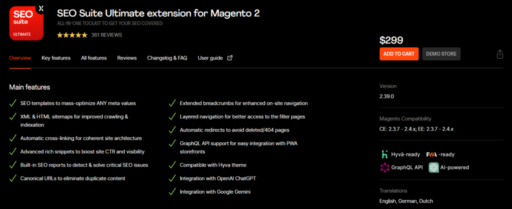 Mageworx's SEO suite ultimate extension's product page showing its main features, price, and version specifications
