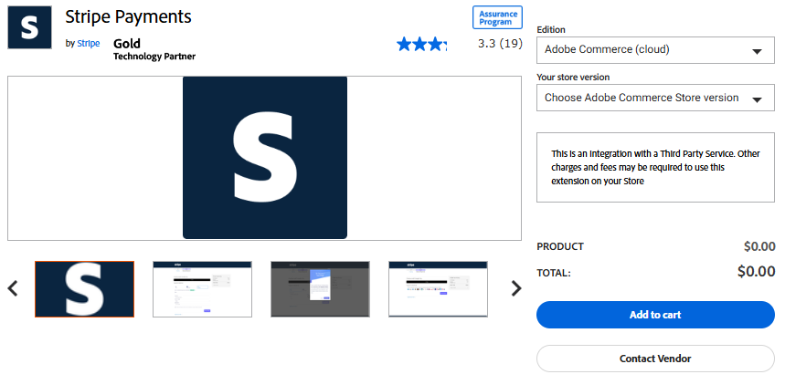 A screenshot of the Magento 2 Stripe extension homepage showing the product's overview and user ratings.
