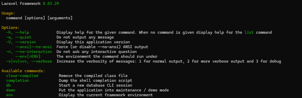 List of the available Artisan commands in Laravel