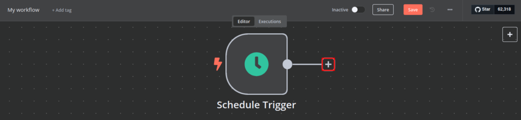 n8n workflow creation canvas showing a schedule trigger and button to add actions