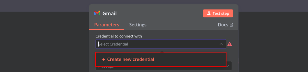 n8n Gmail integration prompt showing button to create new credentials for authentication