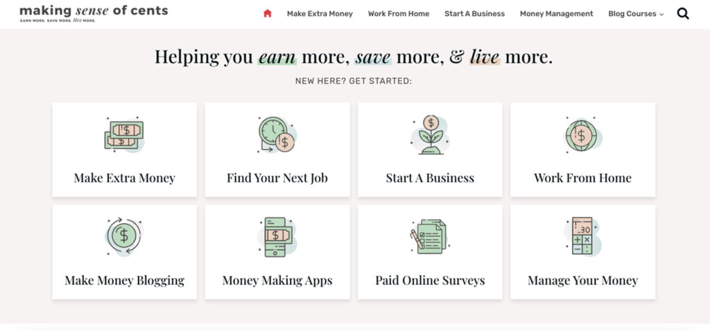 Making Sense of Cents homepage with finance blog categories