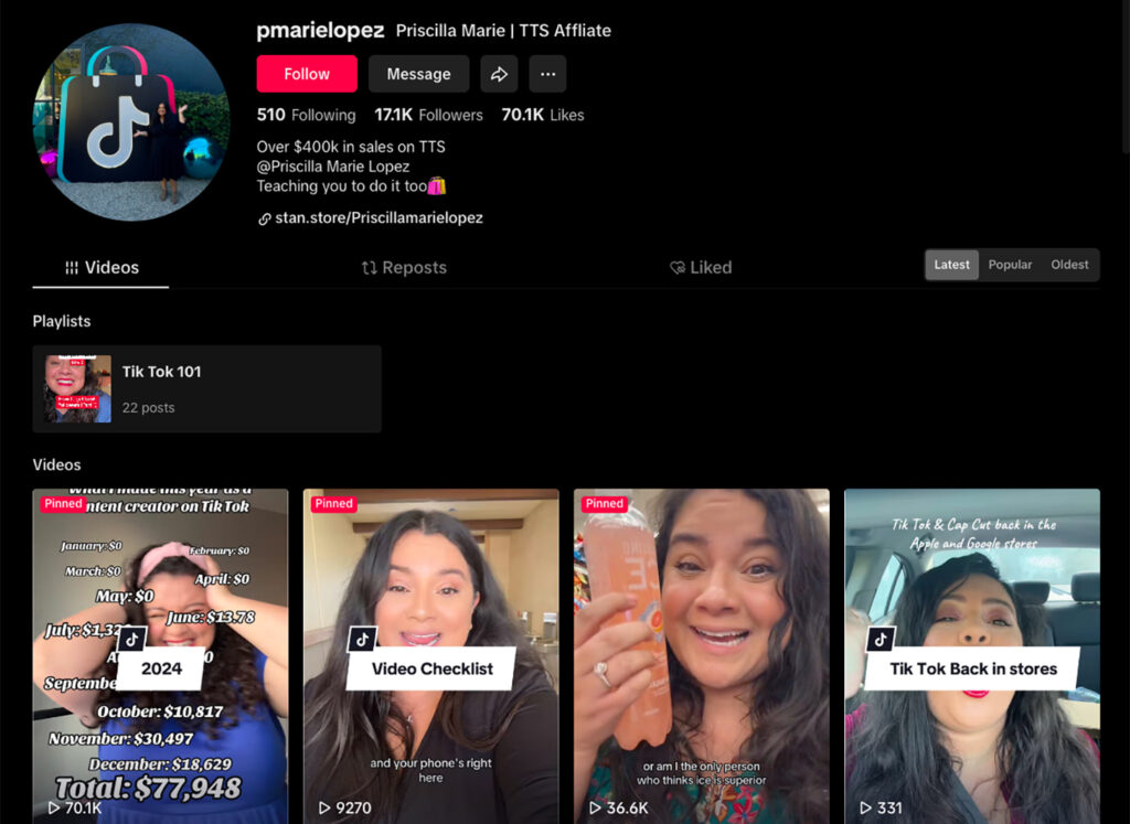 Priscilla Lopez’s TikTok profile highlighting affiliate earnings
