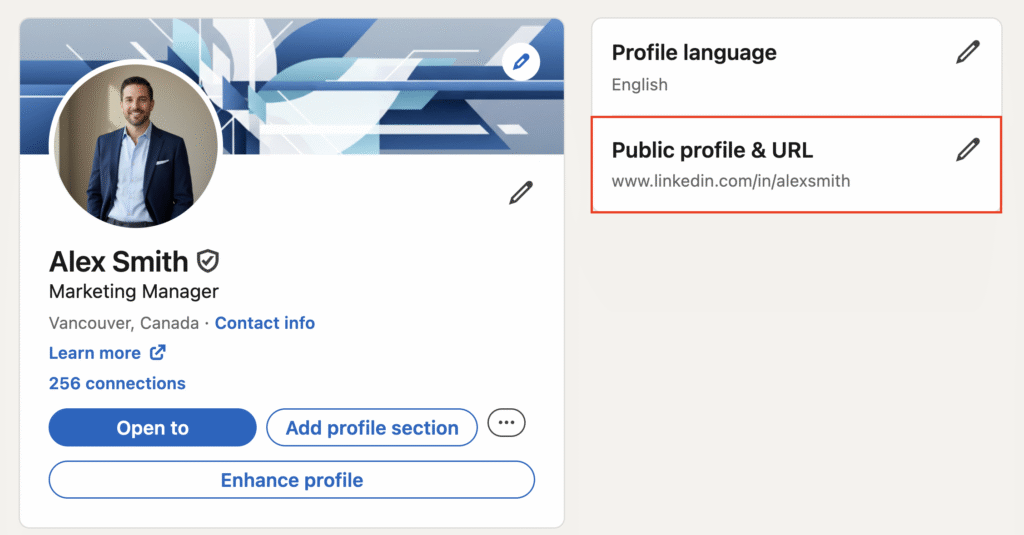 LinkedIn profile settings with the public profile URL highlighted