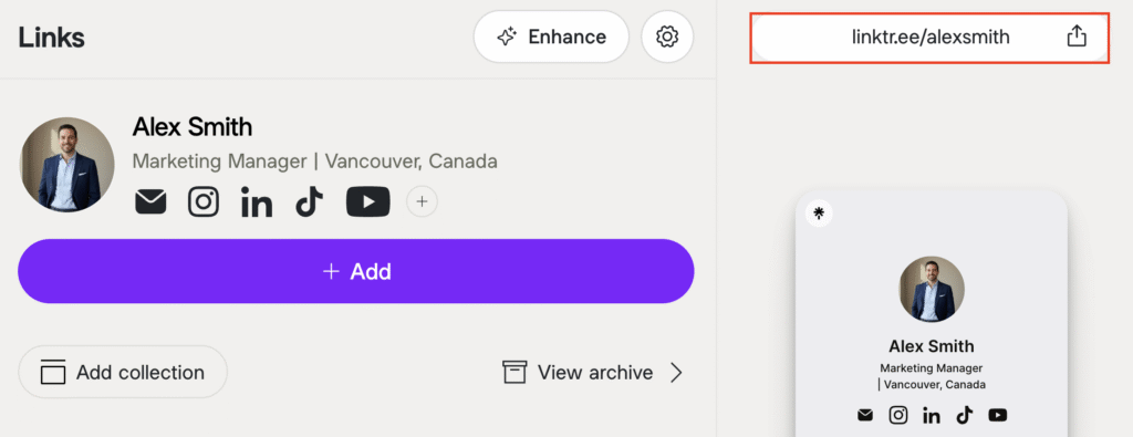 Linktree profile URL highlighted in the admin area