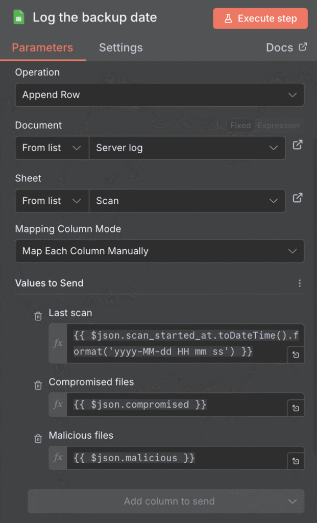 The Google Sheets update rows node configuration for the malware scan result n8n automation workflow