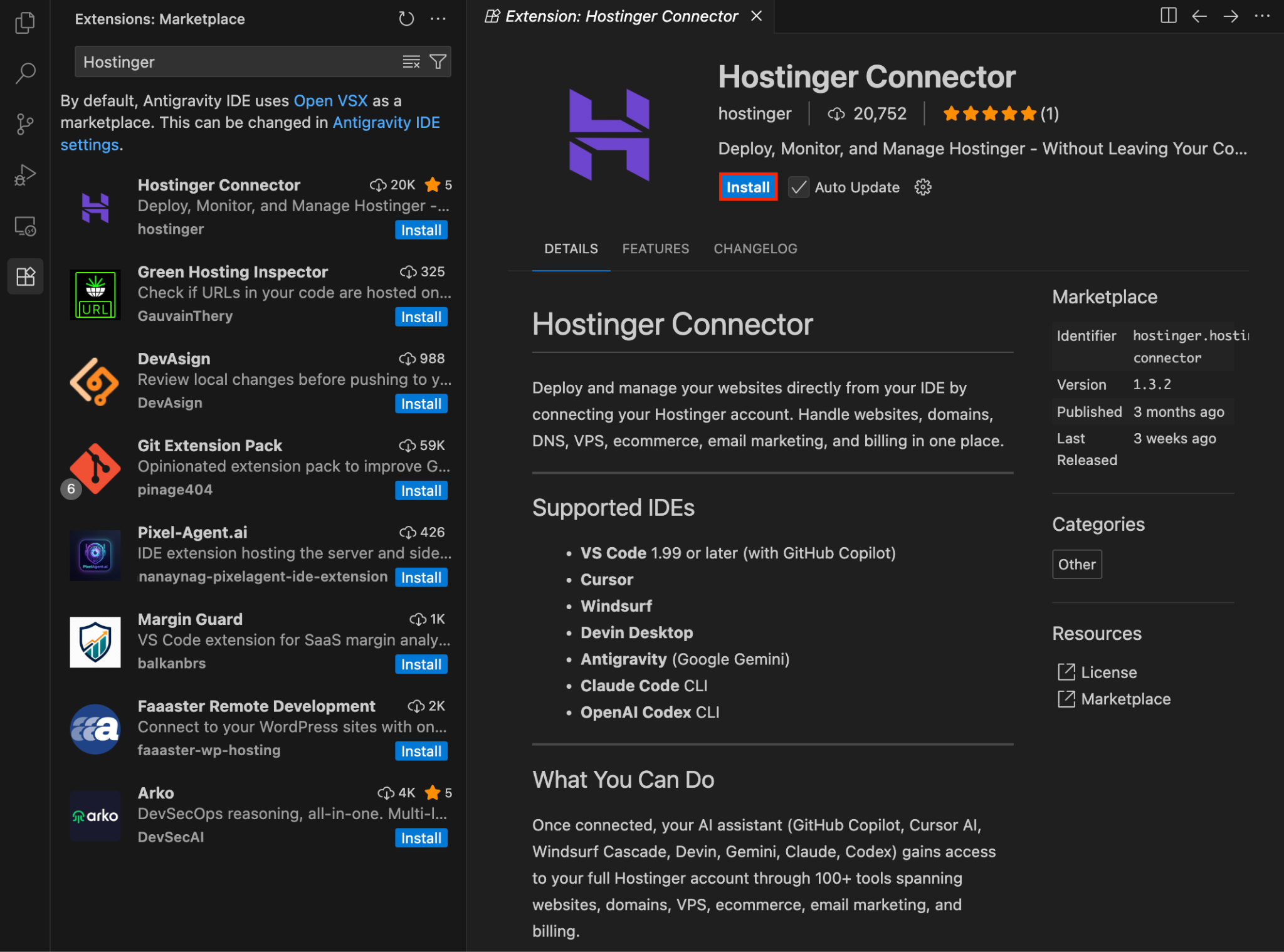 Hostinger Connector extension page in Antigravity showing supported IDEs list