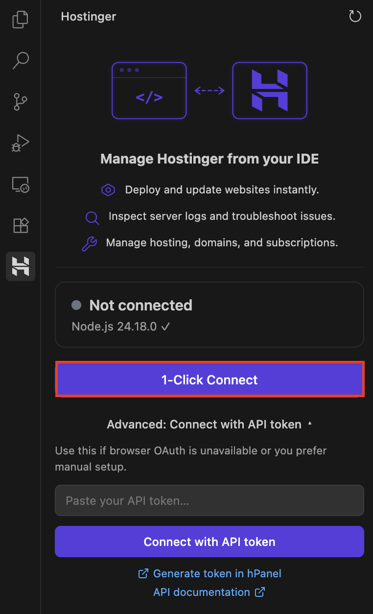 Hostinger Connector sidebar with 1-Click Connect button and API token option