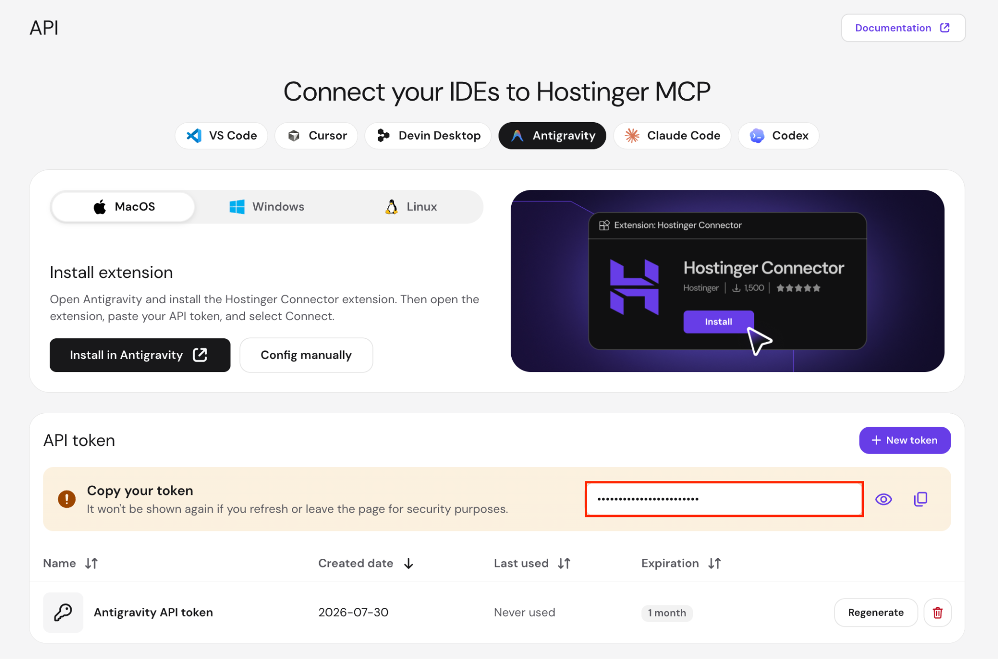 hPanel API page with Antigravity tab selected and a generated API token