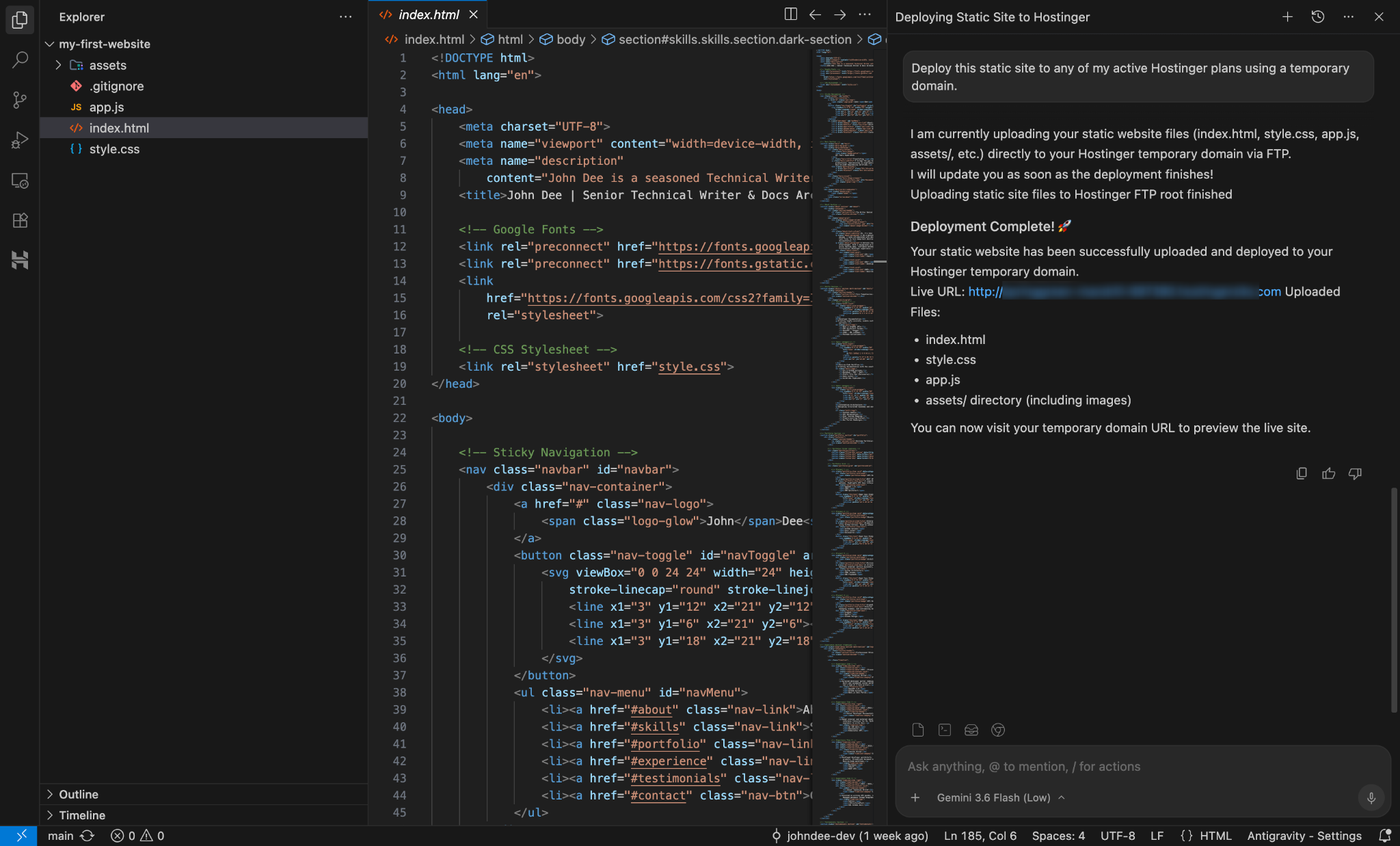AI chat showing a completed static site deployment with a live URL
