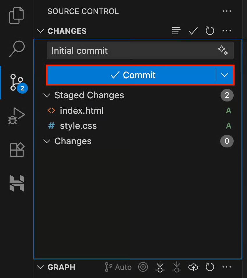 VS Code Source Control panel showing staged changes with index.html and style.css files ready to commit