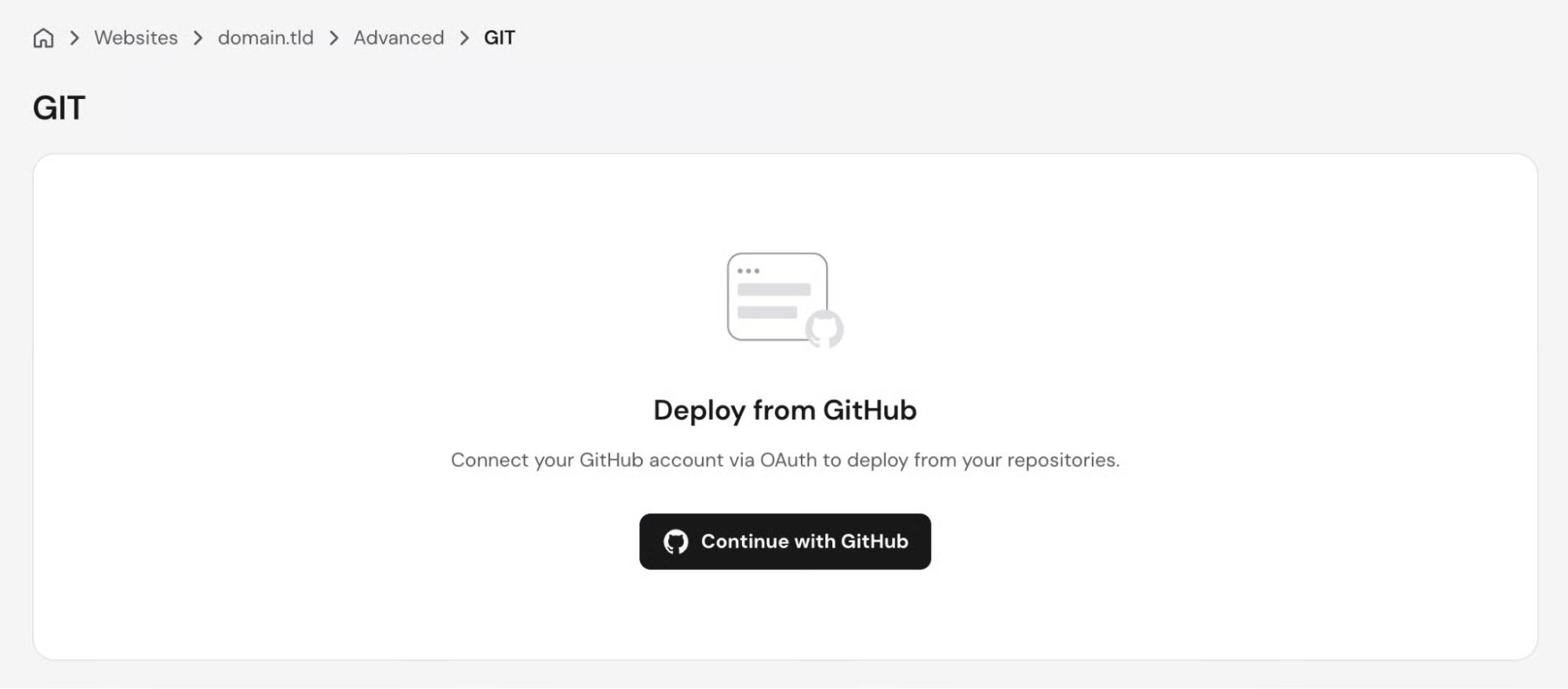 hPanel GIT section displaying Deploy from GitHub interface with Continue with GitHub button