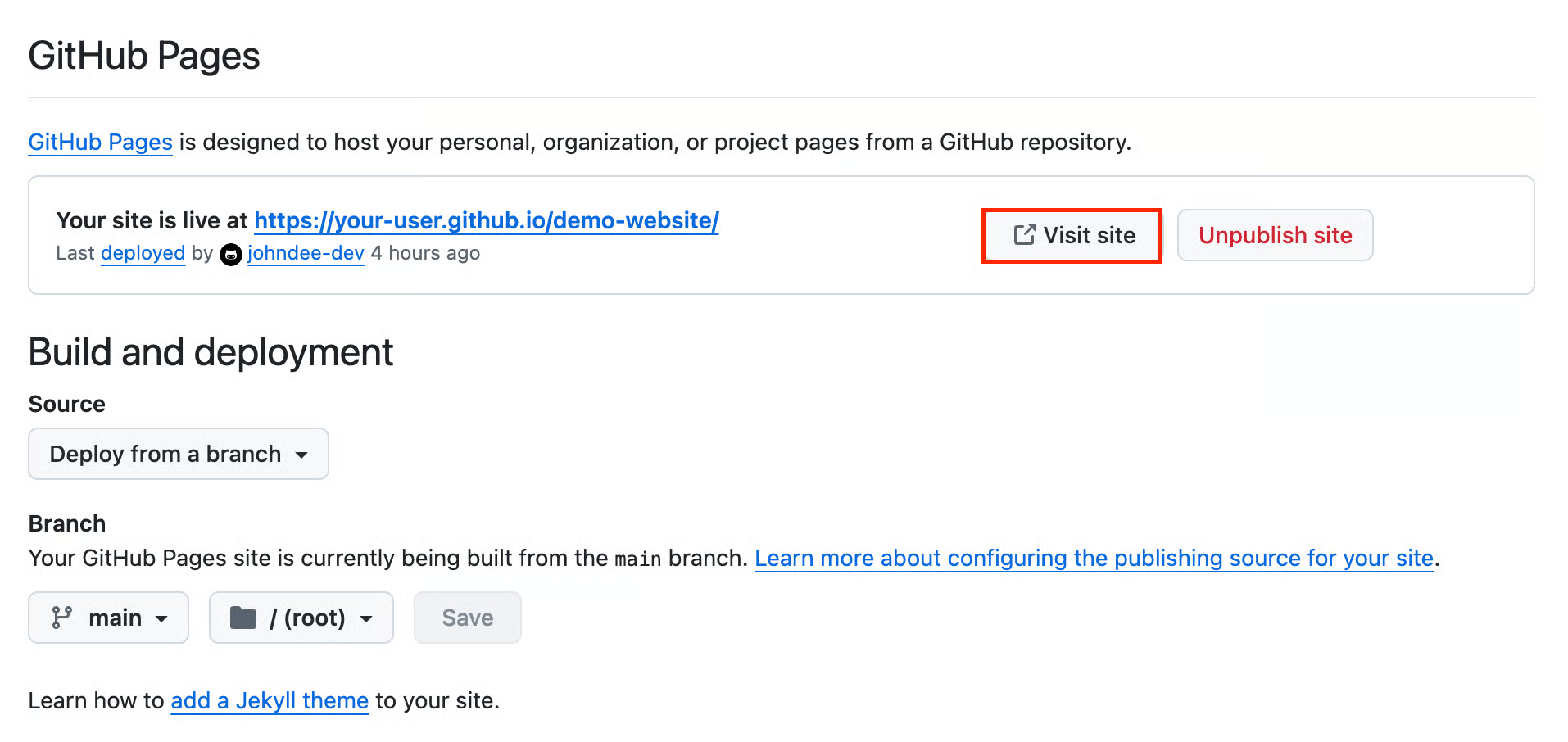 GitHub Pages settings page showing live site deployment status and build configuration from main branch